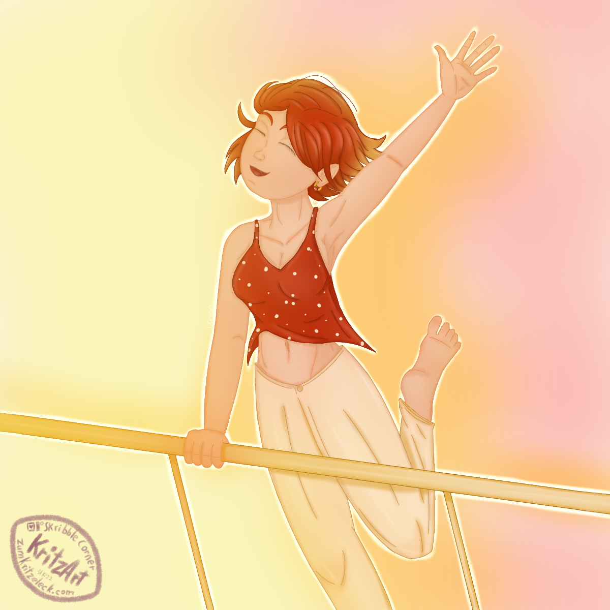 Digital painting, comic style: Young woman with firey middle-short red-brown hair leaning on a railing, the left arm rised into the air, the right hand holding the railing, the left feet, barefoot, behind her in the air, the wind is blowing through her hair and playing with a thin red shirt with white dots, she is wearing light beige trousers, there is a ear ring in her ear; pale yellow, orange and red sunset background.