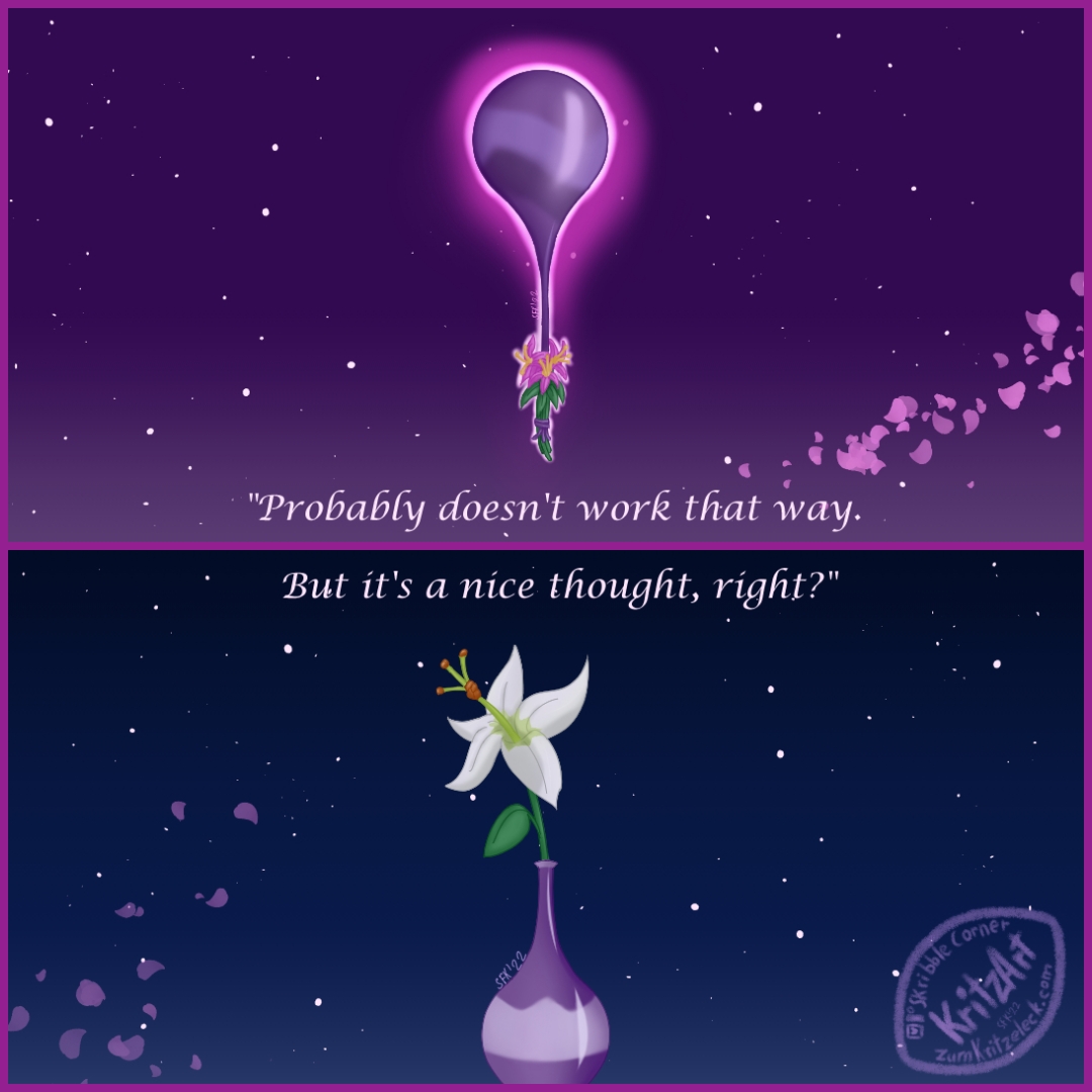 Comic, 2 panels, digital painting: In the upper panel a balloon made of purple adomination goo in front of a dark purple night sky, some pink flowers are tied to the balloon, pink blossoms flying through the bottom rigt corner of the painting, start of the text: " 'Probaly doesn't work that way. "; bottom panel: a purple vase with a single white flower in front of a dark blue night sky (the positions of the stars are inverted in comparison to the first panel), in the bottom left corner some fading blossoms.