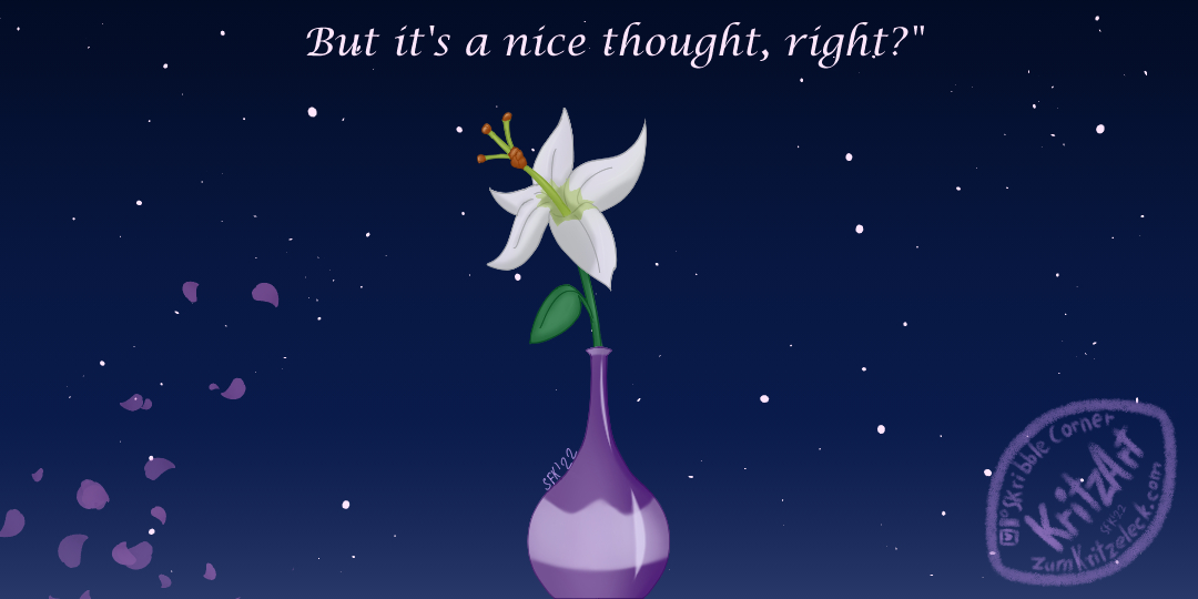 The 2nd (bottom) of 2 comic panels, digital painting: A purple vase with a single white flower in front of a dark blue night sky (the positions of the stars are inverted in comparison to the first panel), in the bottom left corner some fading blossoms.
