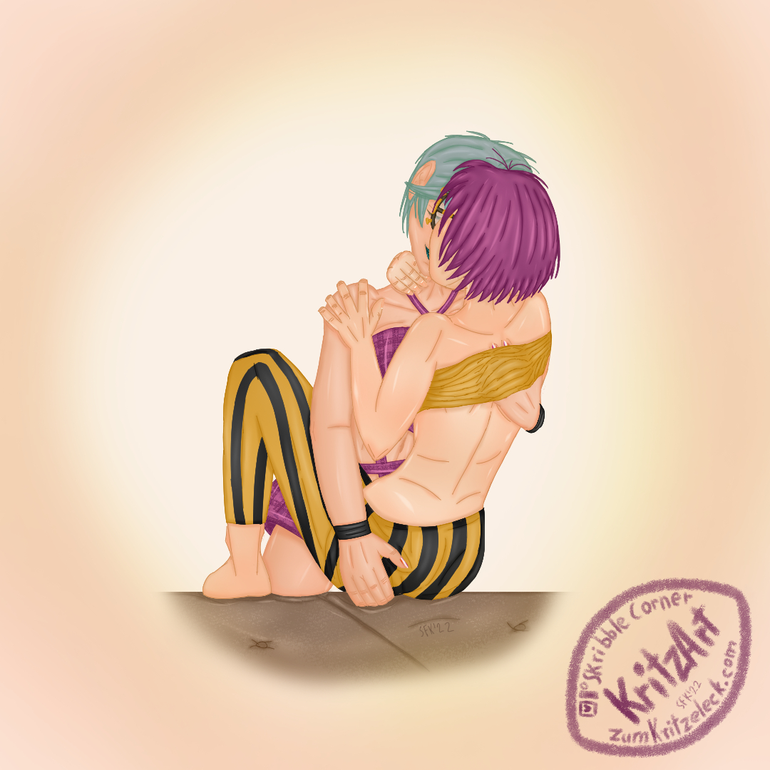Digital painting, comic style: Crissy Faith (youn woman, short purple hair, big round glasses) in the arms of Paula (young woman, short light turqoise hair), holding each other holding tightly; Crissy is seen from behind, butt and one feet are on the edge of a couch, she is leaning backwards, Paula's hands are on Crissy's back, one under her top and one gripping her butt, Crissy's hands are on Paula's shoulder and neck, both hair is ruffled, they both are sweating and red, Crissy is wearing a orange and black striped leggings and an orange top, Paula a plaid top and skirt.