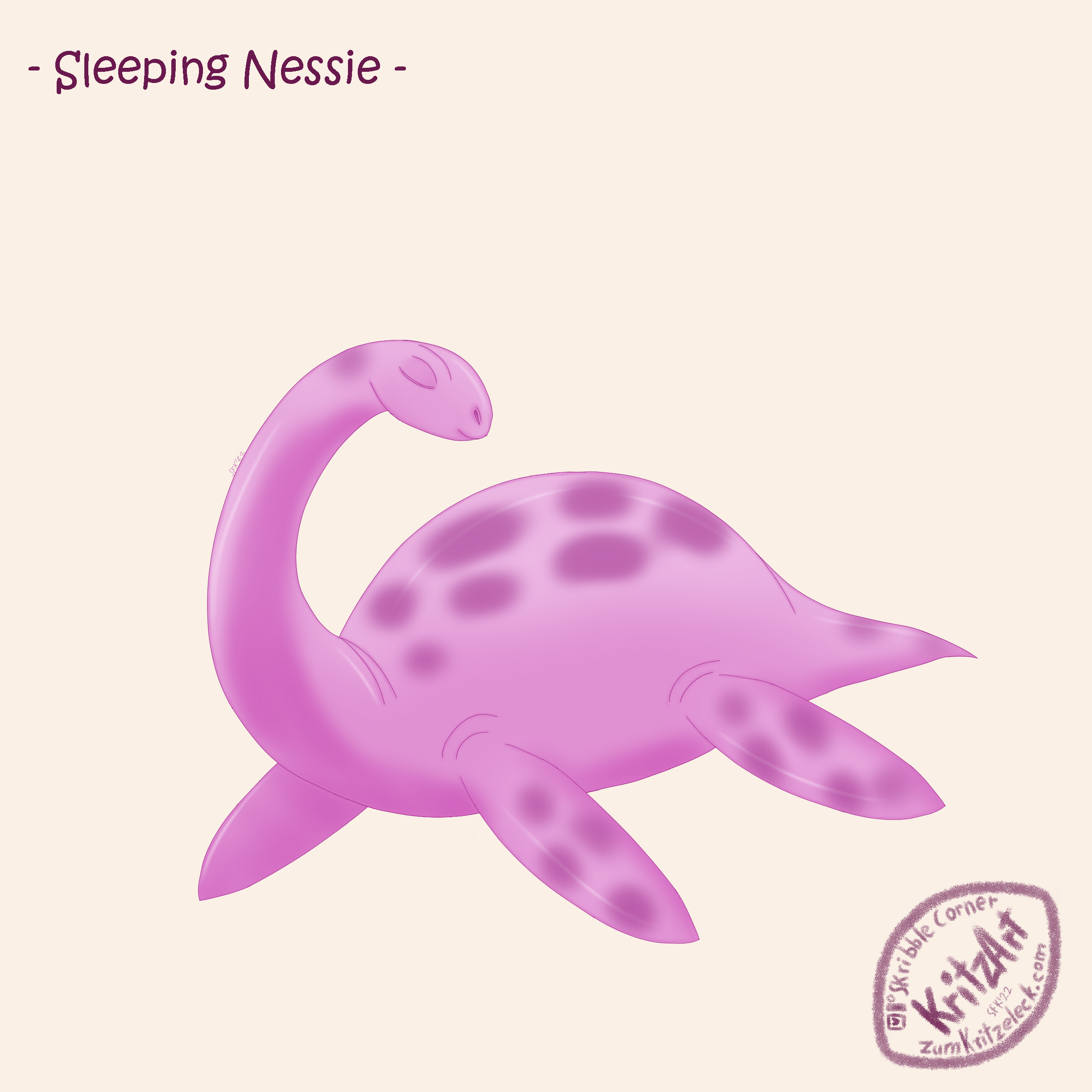 Digital painting, comic style, light background: A plesiosaurus-like pink and purple sea monster, the neck is bowing towards its back, the eyes closed; text "Sleeping Nessie"..