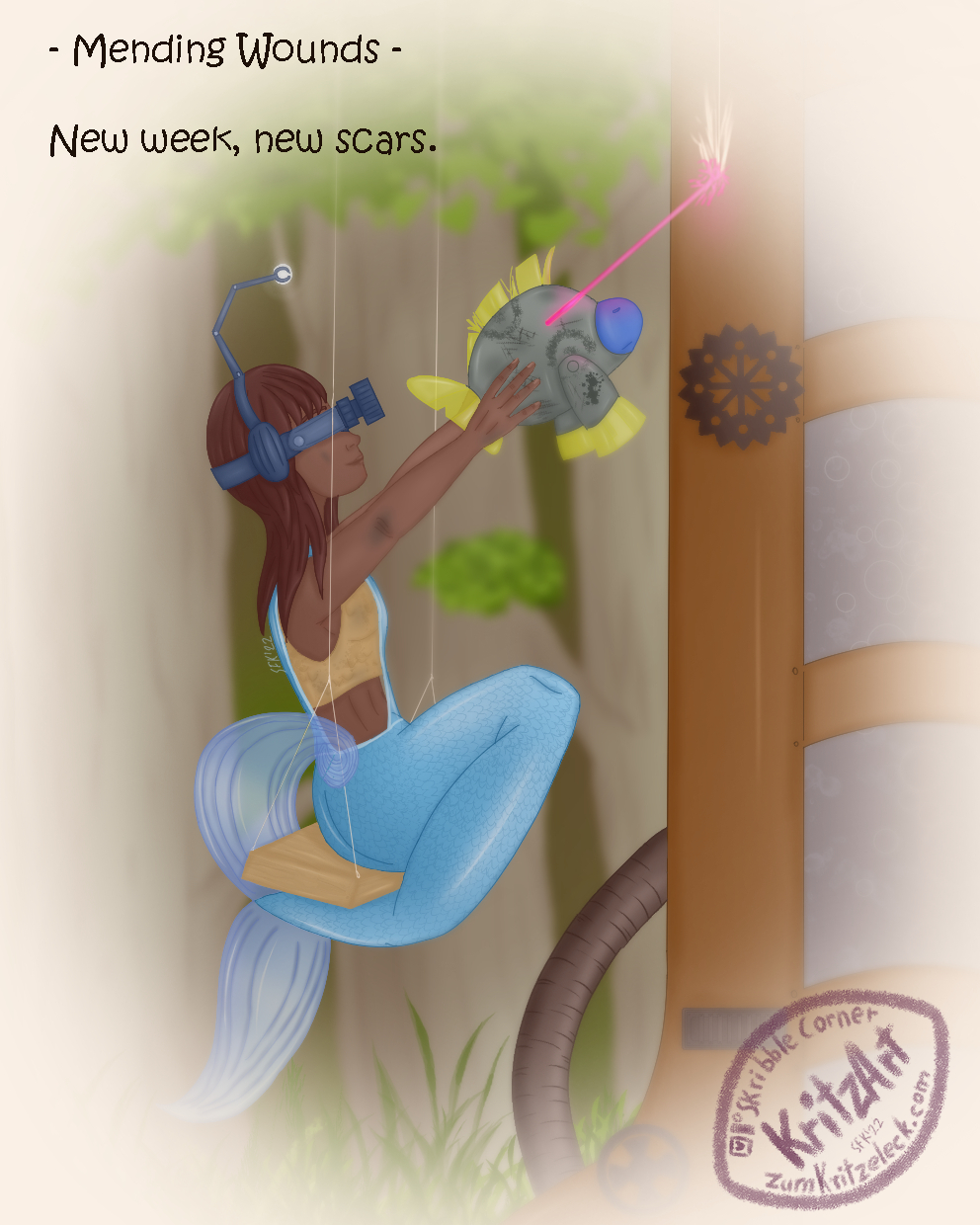 Digital painting, comic style: Engineeriel in sideview, a mermaid with brown skin and brown hair, sitting on a swing holding Founder, a blue and yellow cyborg fish; Engineeriel's fish tail is building an overall-like fin, below she is wearing a bellyfree beige top and on her head goggles with a light rod; Founders one red eye slit is sending a laser beam towards a brown metallic contraption, trees in the background; text: "Mending wounds - New week, new scars".
