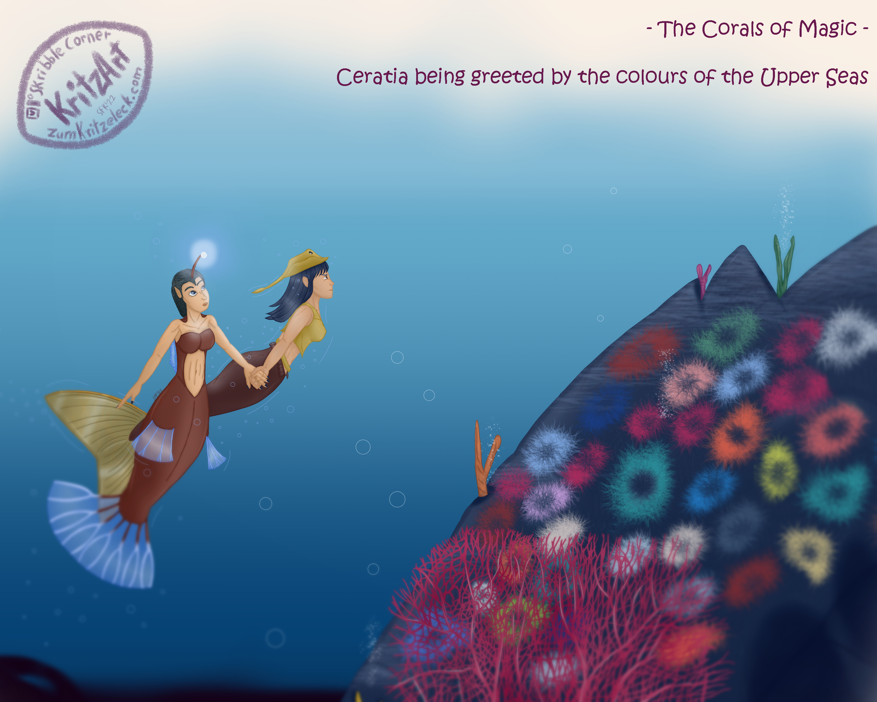 Digital painting, comic style: Merindiana Jane, a mermaid resembling Indiana Jones, dark blue hair, a stingray as hat, looking determined, swimming towards the right upper corner of the painting, dragging Ceratia with her, a mermaid bases on and anglerfish including a light bulb on a rod originating on her forehead; in the background a dark bottom and the wreck of the Nautilus (submarine), two divers apporaching the wrack; in the right corner a submarine hill with corals and sea anemones, two shadows in the most right bottom corner; text: "The Corals of Magic - Ceratia being greeted by the colours of the Upper Seas".