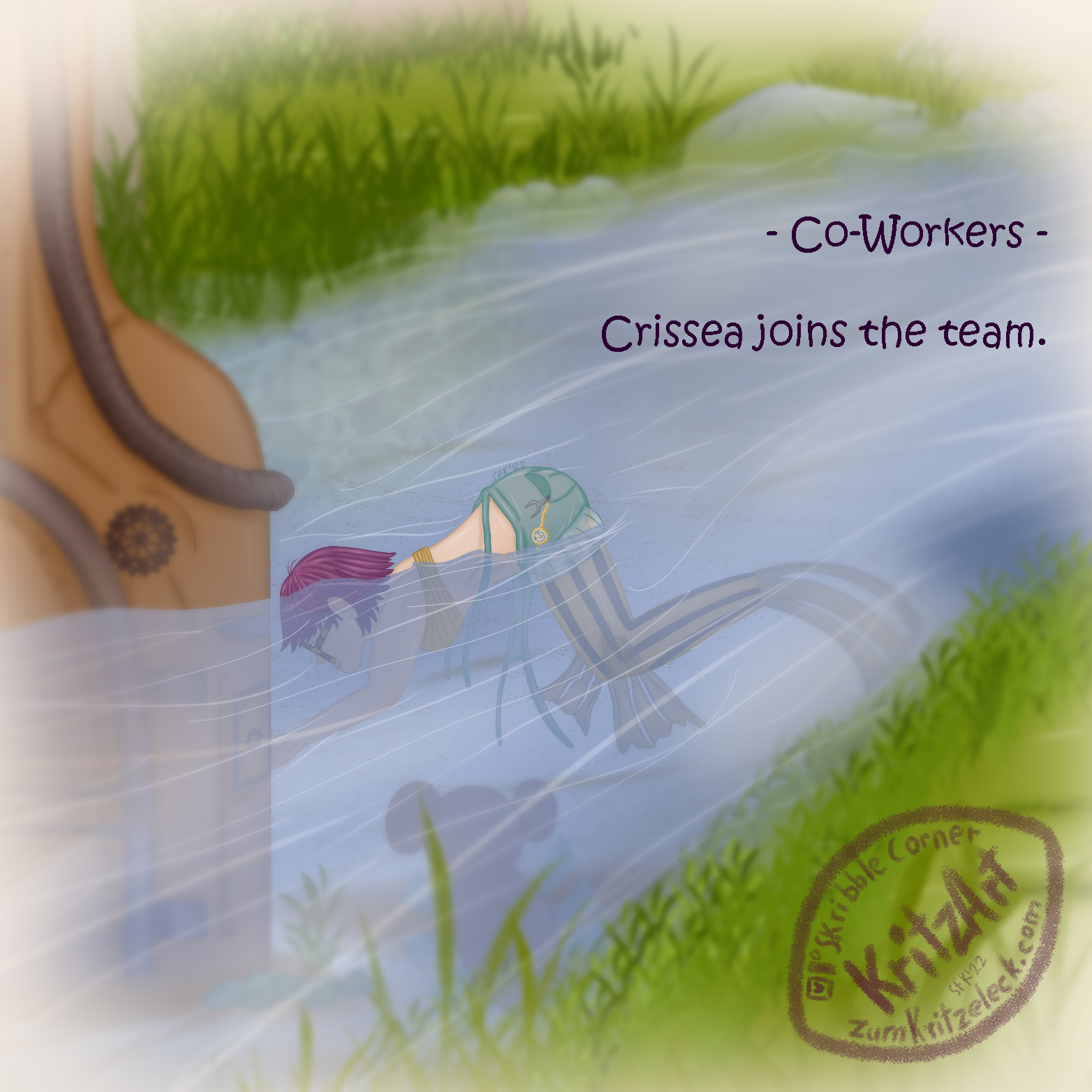 Digital painting, comic style: My OC Crissy Faith (here: Crissea) in a mermaid version; young woman, short purple hair, big, round glasses, yellow top, black and yellow striped mermaid tail, the fins around the waist are building an overall with open strings; her butt is out of the water of a river, she is working on a contraption which stays on the river's bottom, beside her you can spot a small bear under water; text: "Co-Workers - Crissea joins the team".