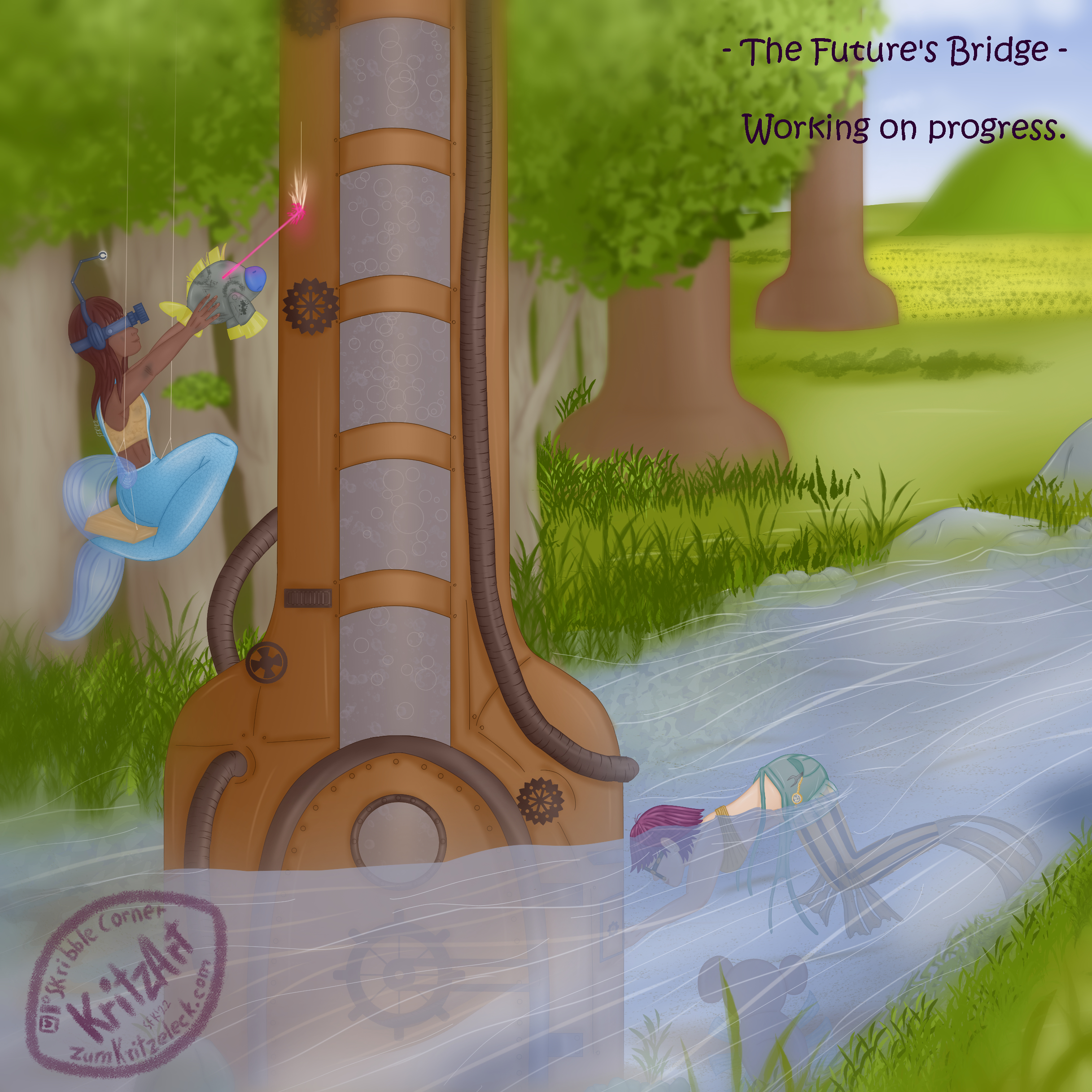 Digital painting, comic style: Engineeriel in sideview in the upper left corner, a mermaid with brown skin and brown hair, sitting on a swing holding Founder, a blue and yellow cyborg fish; Engineeriel's fish tail is building an overall-like fin, below she is wearing a bellyfree beige top and on her head goggles with a light rod; Founders one red eye slit is sending a laser beam towards a brown metallic cylindrical contraption to mend their plates; the contraption has an upwards directed glass pipe with wather therein; it's standing in a river, the door mostly under water; on the right side Crissea working on it too; young woman, short purple hair, big, round glasses, yellow top, black and yellow striped mermaid tail, the fins around the waist are building an overall with open strings; her butt is out of the water of a river, she is working on a contraption which stays on the river's bottom, beside her you can spot a small bear under water, in the background fields, woods, hills, a forest, and two pillars, the upper endings not in the picture; text: "The Future's Bridge - Working on Progress."
