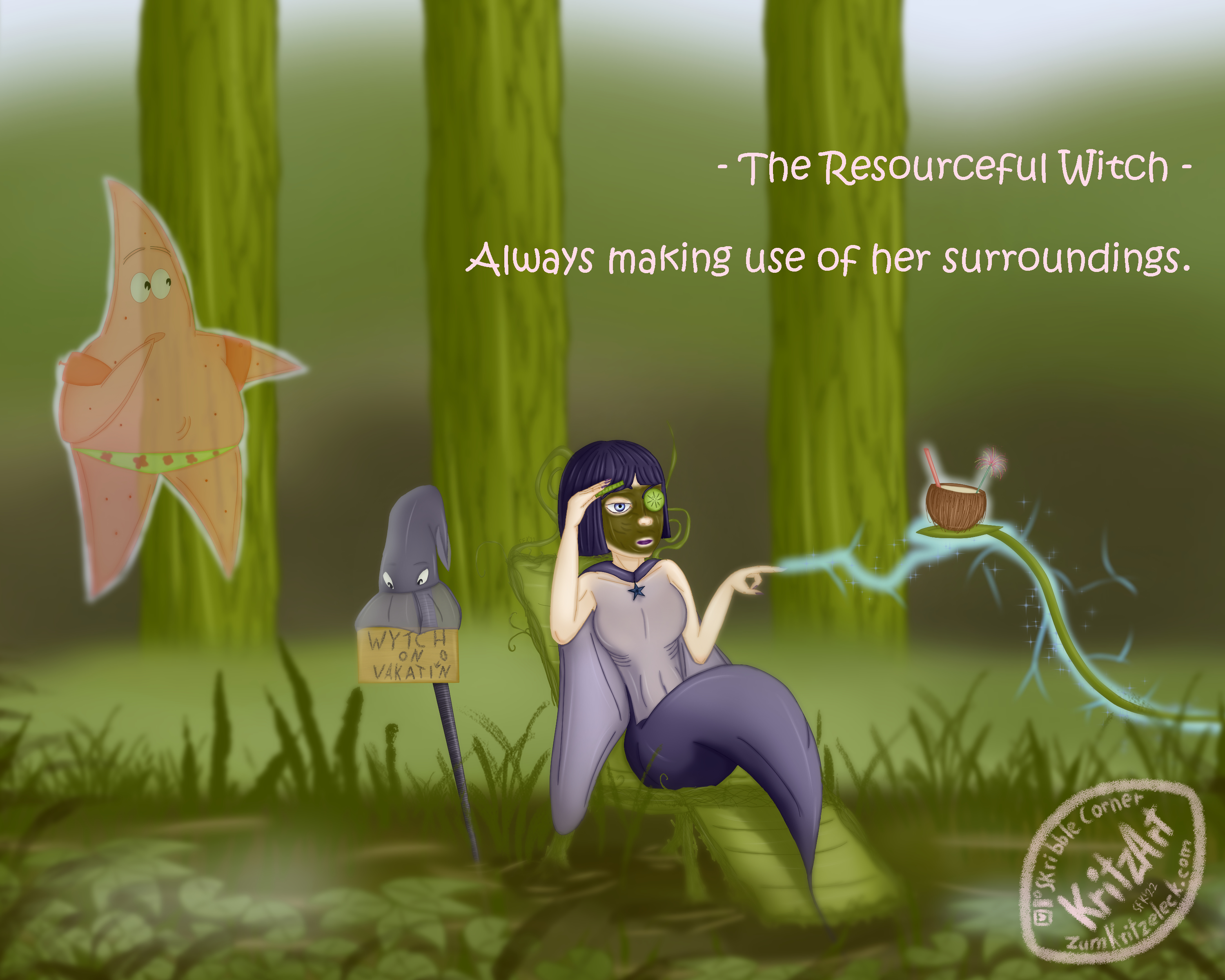Digital painting, comic style: A swamp and trees; a mermaid based on a manta ray in a deckchair made of plants; violet eyes, chin long straight violet hair; the ray's fins are buidling a cape; a black starfish as pendant on her chest; mud in her face, left eye covered with a cucumber disc, she's lifting another one from her right eye, looking tired to a plant's stalk carrying half of a coconut with a drinking straw in it, magical light floating from her finger tip to it and encompassing it; to her left a staff built from a long belemnite, a hat-like squid holding a sign "Wytch on Vakatin", an "o" added subsequentl, is thrown over its top; left to the sign floating in the air a pink ghostly starfish (Patrick from Spongebob Squarepants), wearing green trunks and red water wings; text "The Resourceful Witch - Always making use of her surroundings."