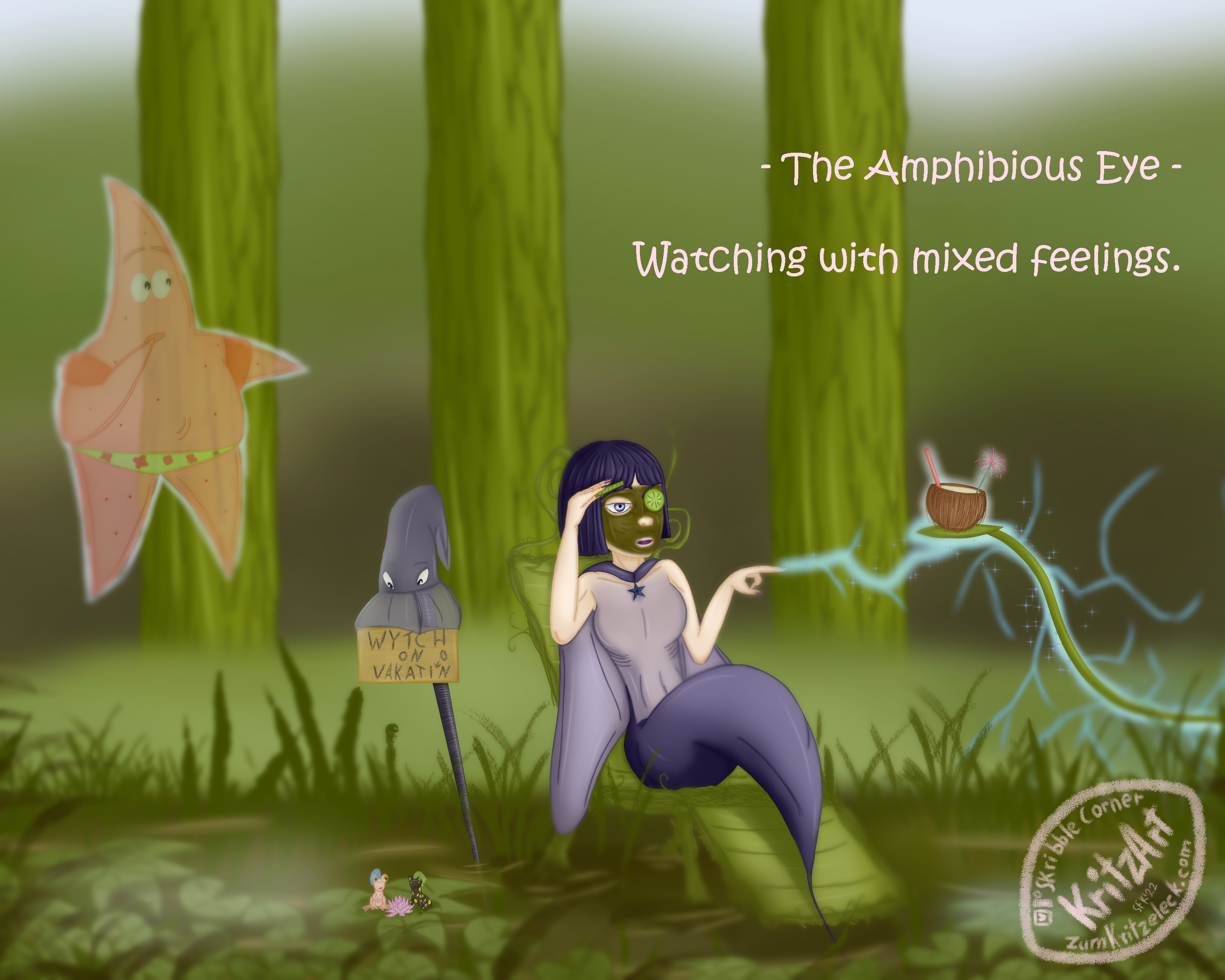 Digital painting, comic style: A swamp and trees; a mermaid based on a manta ray in a deckchair made of plants; violet eyes, chin long straight violet hair; the ray's fins are buidling a cape; a black starfish as pendant on her chest; mud in her face, left eye covered with a cucumber disc, she's lifting another one from her right eye, looking tired to a plant's stalk carrying half of a coconut with a drinking straw in it, magical light floating from her finger tip to it and encompassing it; to her left a staff built from a long belemnite, a hat-like squid holding a sign "Wytch on Vakatin", an "o" added subsequentl, is thrown over its top; left to the sign floating in the air a pink ghostly starfish (Patrick from Spongebob Squarepants), wearing green trunks and red water wings; on her left on some lily pads a small pink frog and a salamander, watching sceptically her doings; text "The Amphibious Eye - Watching with mixed feelings".