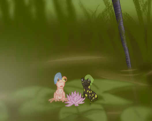 A close-up of the frog and the salamander.