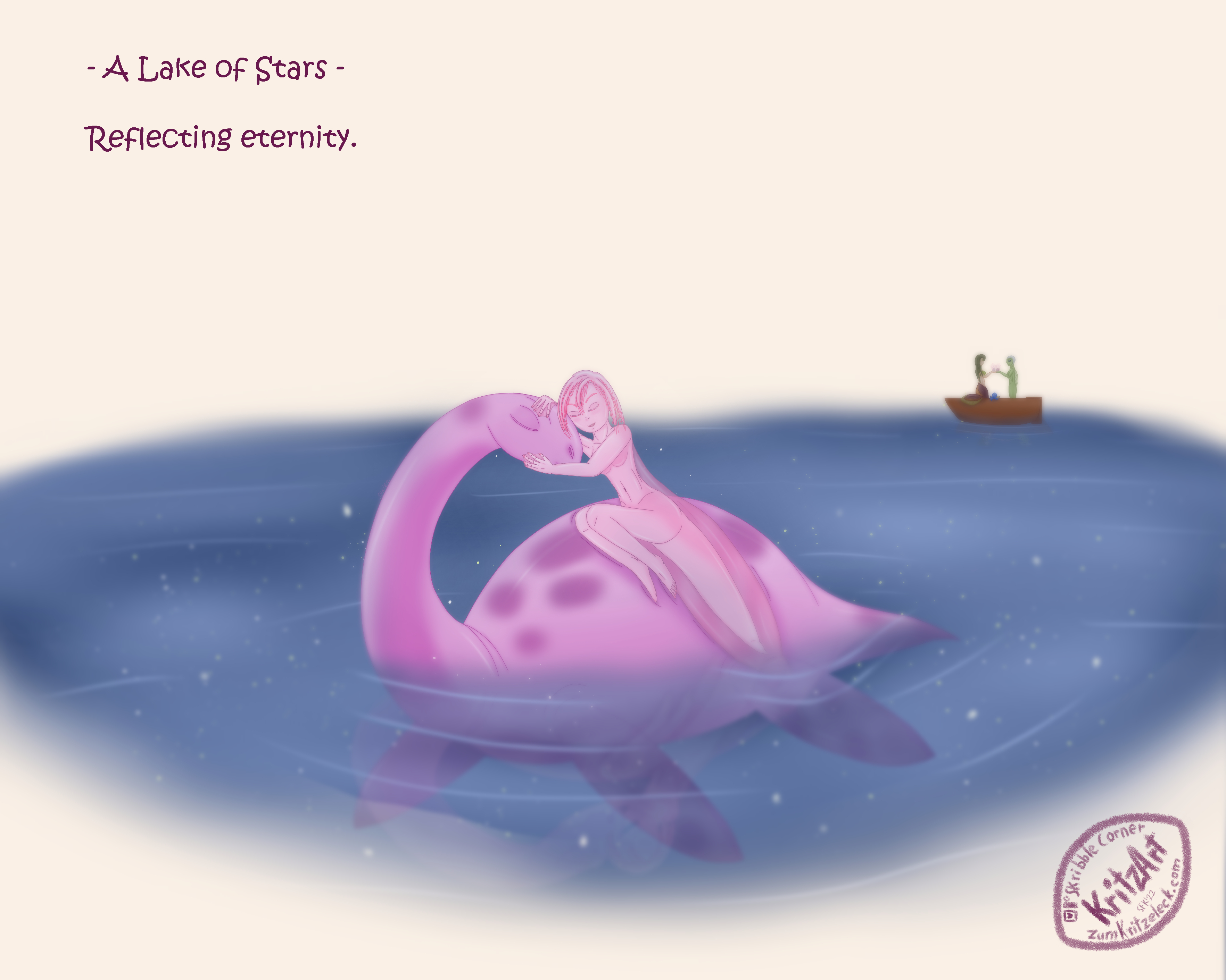Digital painting, comic style, light background: A plesiosaurus-like pink and purple sea monster in a lake, the neck is bowing towards its back, the eyes closed; on Nessie's back a mermaid with the features of a light pink axolotl, the gills building the hair; she is leaning with closed eyes agains Nessie's head, the webbed hands petting her head and mouth; a boat in the background, in it a ermaid with a tail based on an electric eel and a green amphibian-like mermaid; reflection of the night sky with dozens of stars on the water; text "A Lake of Stars - Reflecting Eternity".