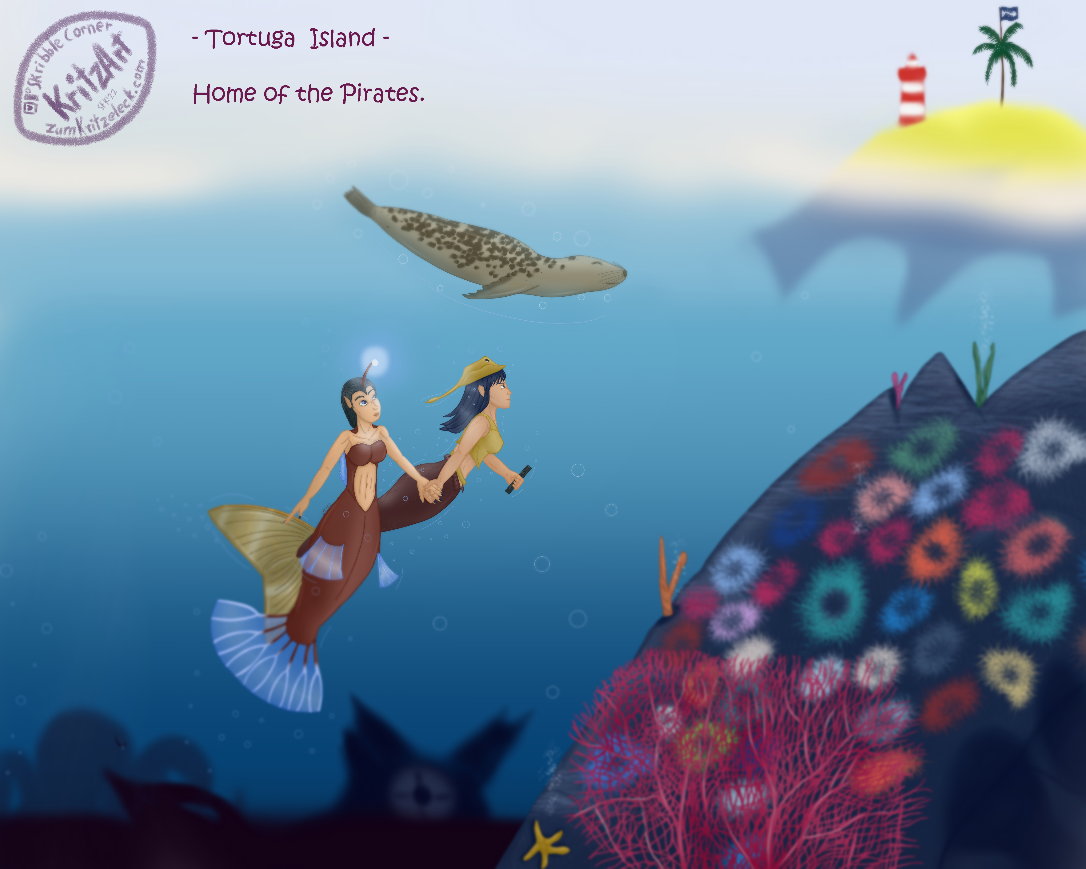 Digital painting, comic style: Merindiana Jane, a mermaid resembling Indiana Jones, dark blue hair, a stingray as hat, looking determined, holding a deactivated Light Sword (Star Wars), swimming towards the right upper corner of the painting, dragging Ceratia with her, a mermaid bases on and anglerfish including a light bulb on a rod originating on her forehead; above both a seal diving into the water; in the background a dark bottom and the wreck of the Nautilus (submarine), two divers apporaching the wrack in front of the shadow of a giant octopus; next to this wrack a giant black dead starfish; in the right corner a submarine hill with corals and sea anemones, two shadows in the most right bottom corner; in the right upper corner a yellow part of land with the back legs and the tail of a giant turtle, a palm tree on top of this island with a black flag showing fishbone; text: "Tortuga Island - Home of the Pirates".