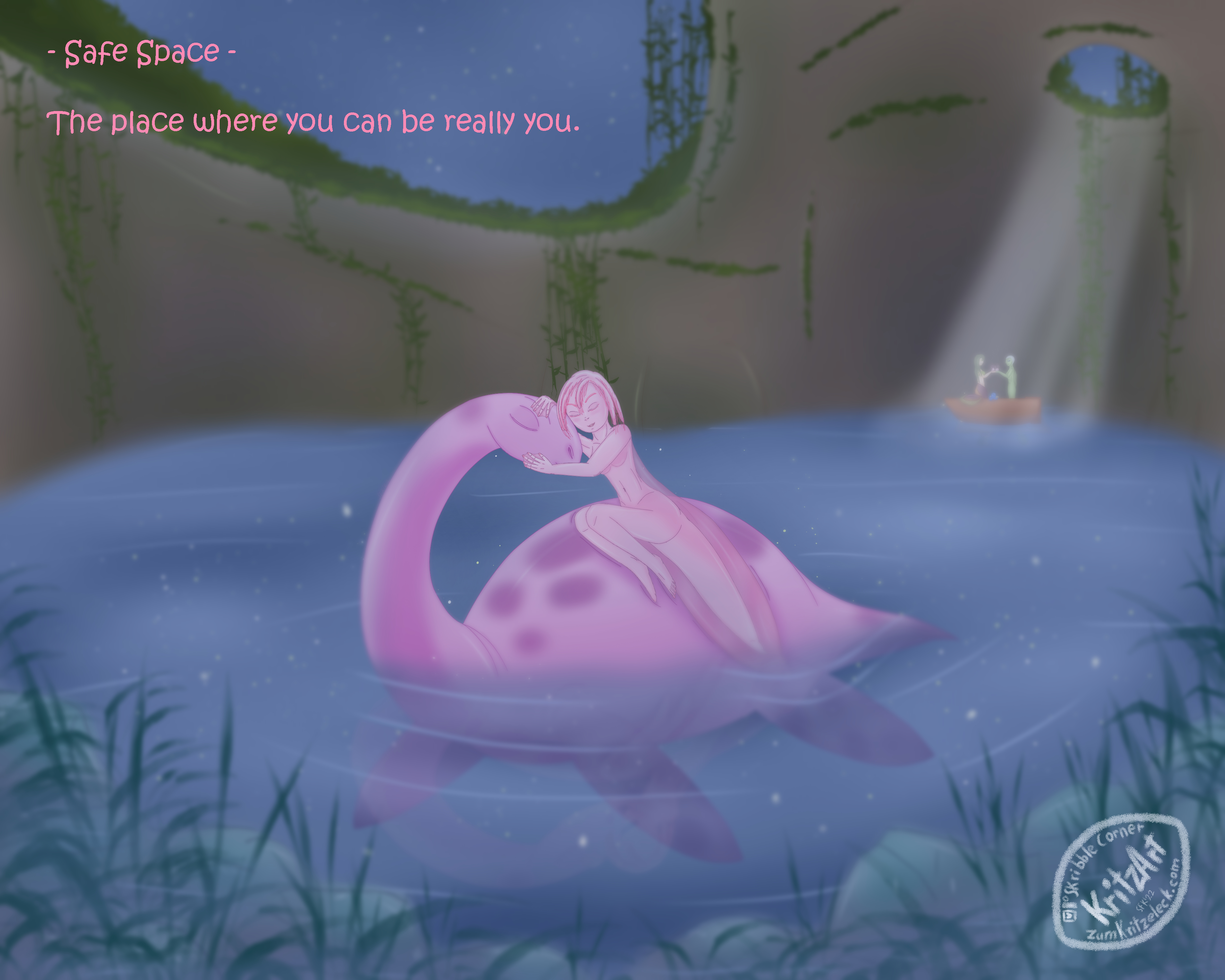 Digital painting, comic style: A plesiosaurus-like pink and purple sea monster in a lake, the neck is bowing towards its back, the eyes closed; on Nessie's back a mermaid with the features of a light pink axolotl, the gills building the hair; she is leaning with closed eyes agains Nessie's head, the webbed hands petting her head and mouth; a boat in the background, in it a ermaid with a tail based on an electric eel and a green amphibian-like mermaid, a small blue octopus holding a ceremony; reflection of the night sky with dozens of stars in the water; in the foreground plants and rocks; in the background cave walls and one big and one small entry in the cave ceiling, walls and entries are grown with plants, moonshine falling on the ceremony in the background; outside the cave tops of jungle trees and a night sky; text "Safe Space - The place where you can be really you."