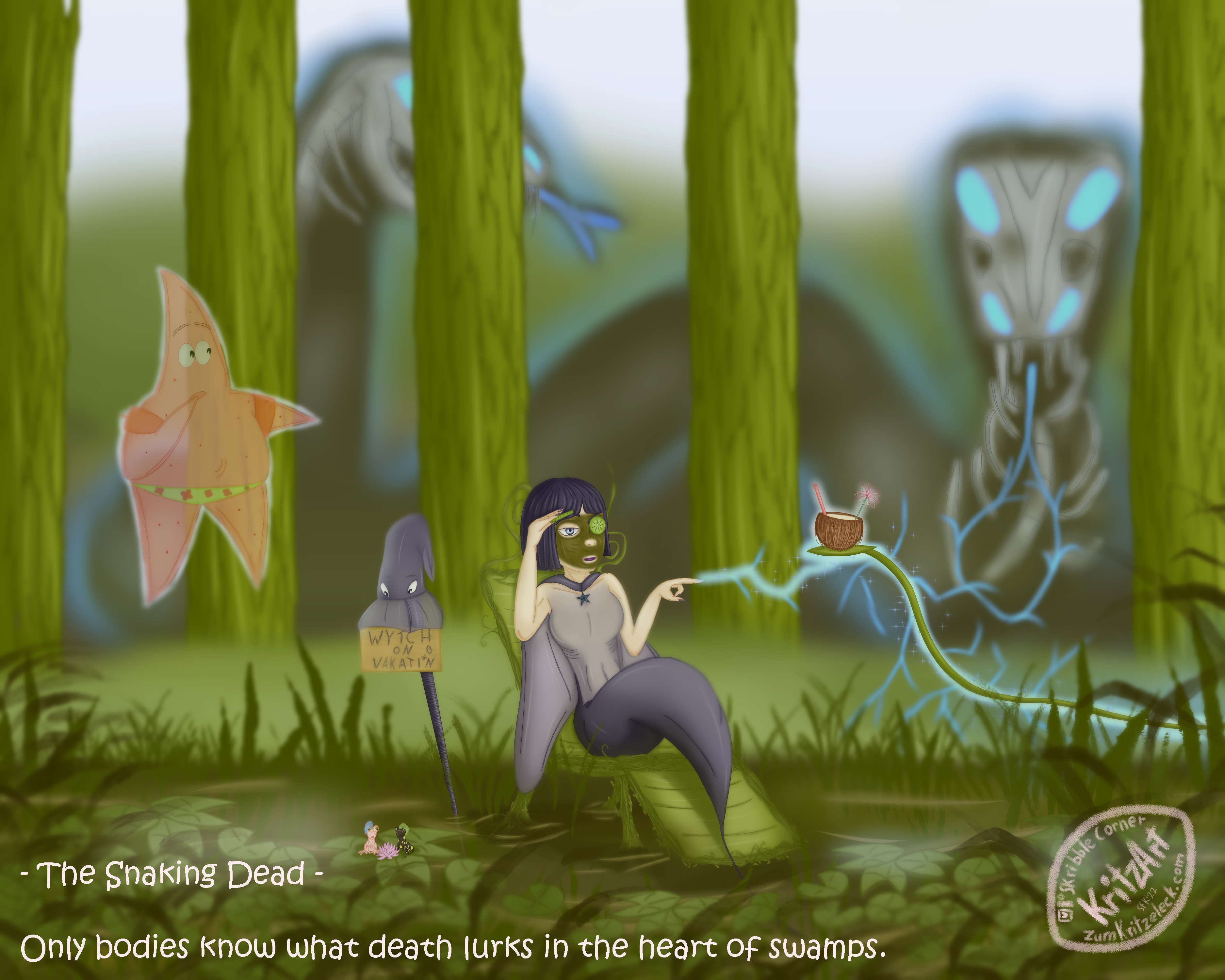 Digital painting, comic style: A swamp and trees; a mermaid based on a manta ray in a deckchair made of plants; violet eyes, chin long straight violet hair; the ray's fins are buidling a cape; a black starfish as pendant on her chest; mud in her face, left eye covered with a cucumber disc, she's lifting another one from her right eye, looking tired to a plant's stalk carrying half of a coconut with a drinking straw in it, magical light floating from her finger tip to it and encompassing it; to her left a staff built from a long belemnite, a hat-like squid holding a sign "Wytch on Vakatin", an "o" added subsequentl, is thrown over its top; left to the sign floating in the air a pink ghostly starfish (Patrick from Spongebob Squarepants), wearing green trunks and red water wings; on her left on some lily pads a small pink frog and a salamander, watching sceptically her doings; in the background behind the trees you can see two giant undead snakes, creeping out of the shadows, rays from the magical light leading to the first one, forming its tongue, eyes and nostrils; text "The Snaking Dead - Only bodies know what death lurks in the heart of swamps".