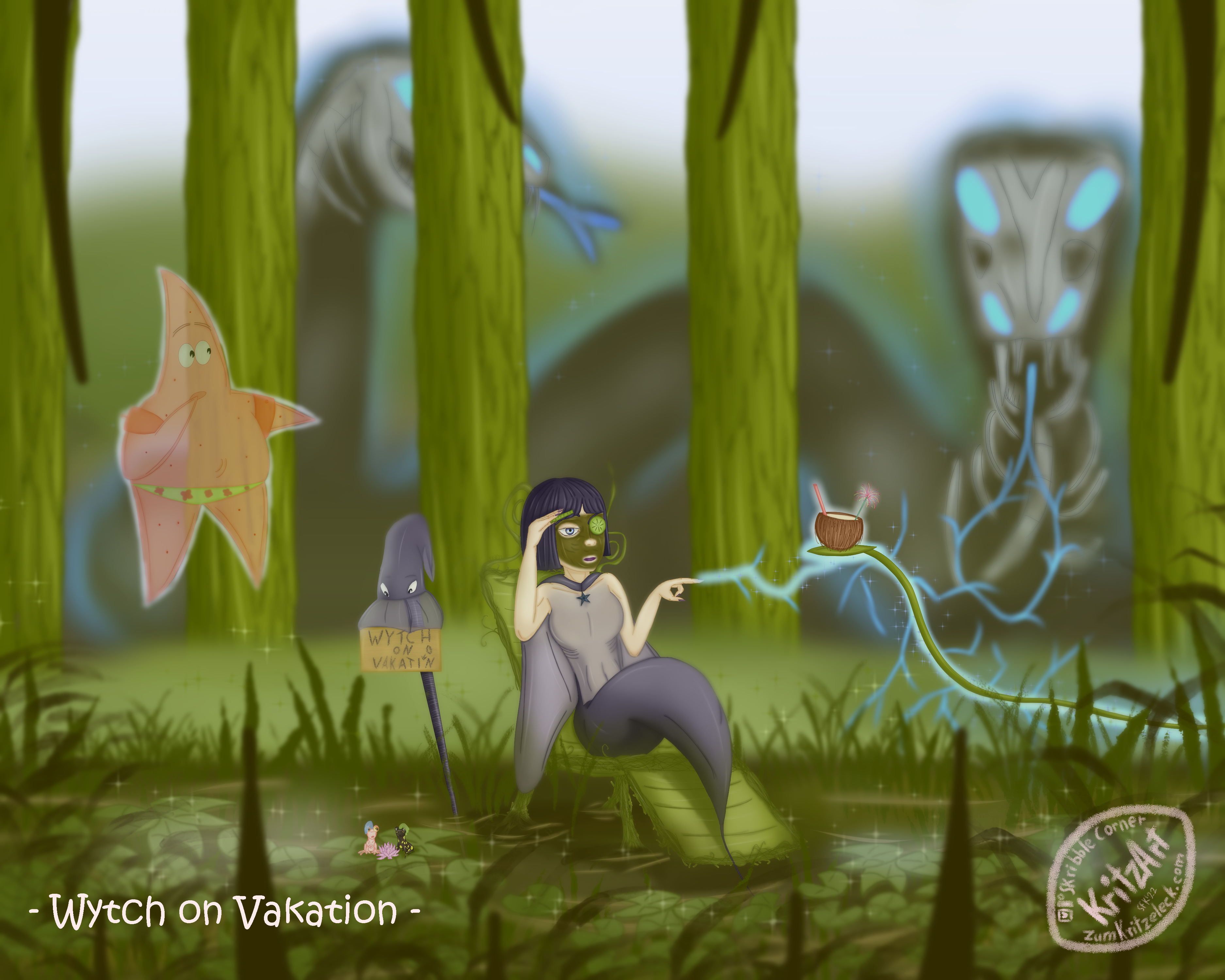 Digital painting, comic style: A swamp and trees; a mermaid based on a manta ray in a deckchair made of plants; violet eyes, chin long straight violet hair; the ray's fins are buidling a cape; a black starfish as pendant on her chest; mud in her face, left eye covered with a cucumber disc, she's lifting another one from her right eye, looking tired to a plant's stalk carrying half of a coconut with a drinking straw in it, magical light floating from her finger tip to it and encompassing it; to her left a staff built from a long belemnite, a hat-like squid holding a sign "Wytch on Vakatin", an "o" added subsequentl, is thrown over its top; left to the sign floating in the air a pink ghostly starfish (Patrick from Spongebob Squarepants), wearing green trunks and red water wings; on her left on some lily pads a small pink frog and a salamander, watching sceptically her doings; in the background behind the trees you can see two giant undead snakes, creeping out of the shadows, rays from the magical light leading to the first one, forming its tongue, eyes and nostrils; text "Wytch on Vacation".