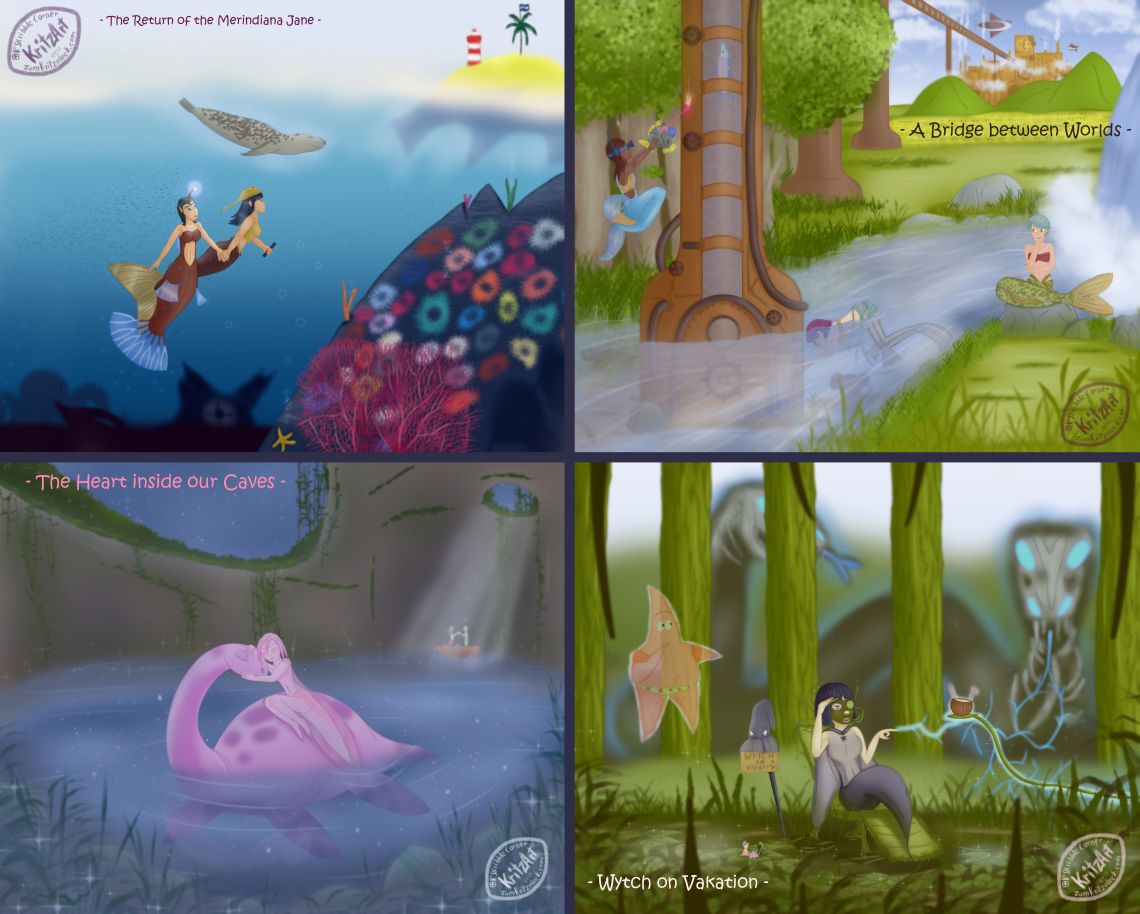A collage of all Mermay2022 paintings, each of the 4 paintings, left to right, top to bottom: Ocean ("The Return of the Merindiana Jane"): Merindiana Jane and Ceratia ascending from the depths towards a swimming turtle island; River ("A Bridge between Worlds"), Engineeriel and mermaid Crissy working on a steampunk bridge in a river leading to a distant steampunk city, sending a salmon, a mermaid Paula watching them; Lake ("The Heart inside our Caves"): An axolot mermaid cuddling with Nessie in the lake of a cenote, in the background the marriage ceremony of Swampgirl and Amphimaid in a boat; Swamp ("Wytch on Vakation"): The Little Sea Witch sitting in a deckchair in a swamp, conjuring plants to bring her a coconut drink, next to her a floating ghost starfish and her staff and hat holding a sign "Wytch on Vakation", while doing this also summoning giant bone snakes in the background, a frog and a salamander watching.