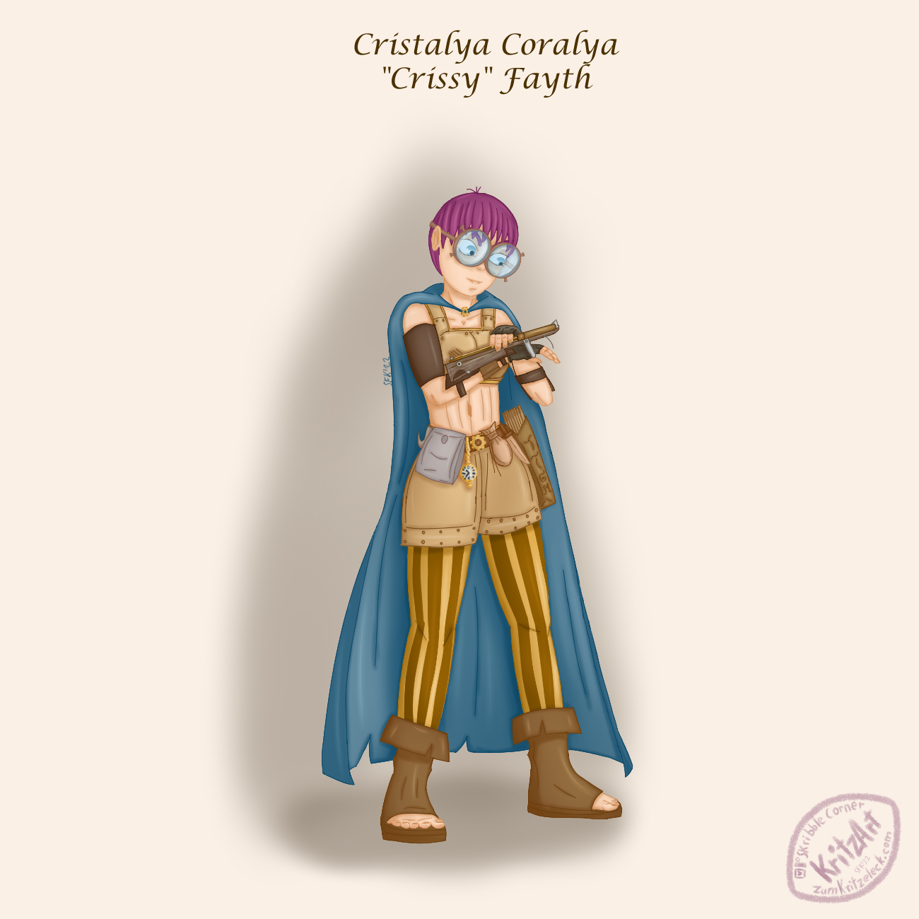 Digital Painting, comic style, simple beige background, light shadows: Crissy in a fantasy version; young woman, short purple hair, big round glasses, bellyfree leather top, leather skirt, a hook, a bag, a pocket watch, a purse and a quiver with arrows on her girdle, orange-brown striped trousers, toefree boots, blue cape, a small crossbow mounted on her right lower arm, she is putting an arrow in it with her left hand; text: "Cristalya Coraly "Crissy" Fayth".