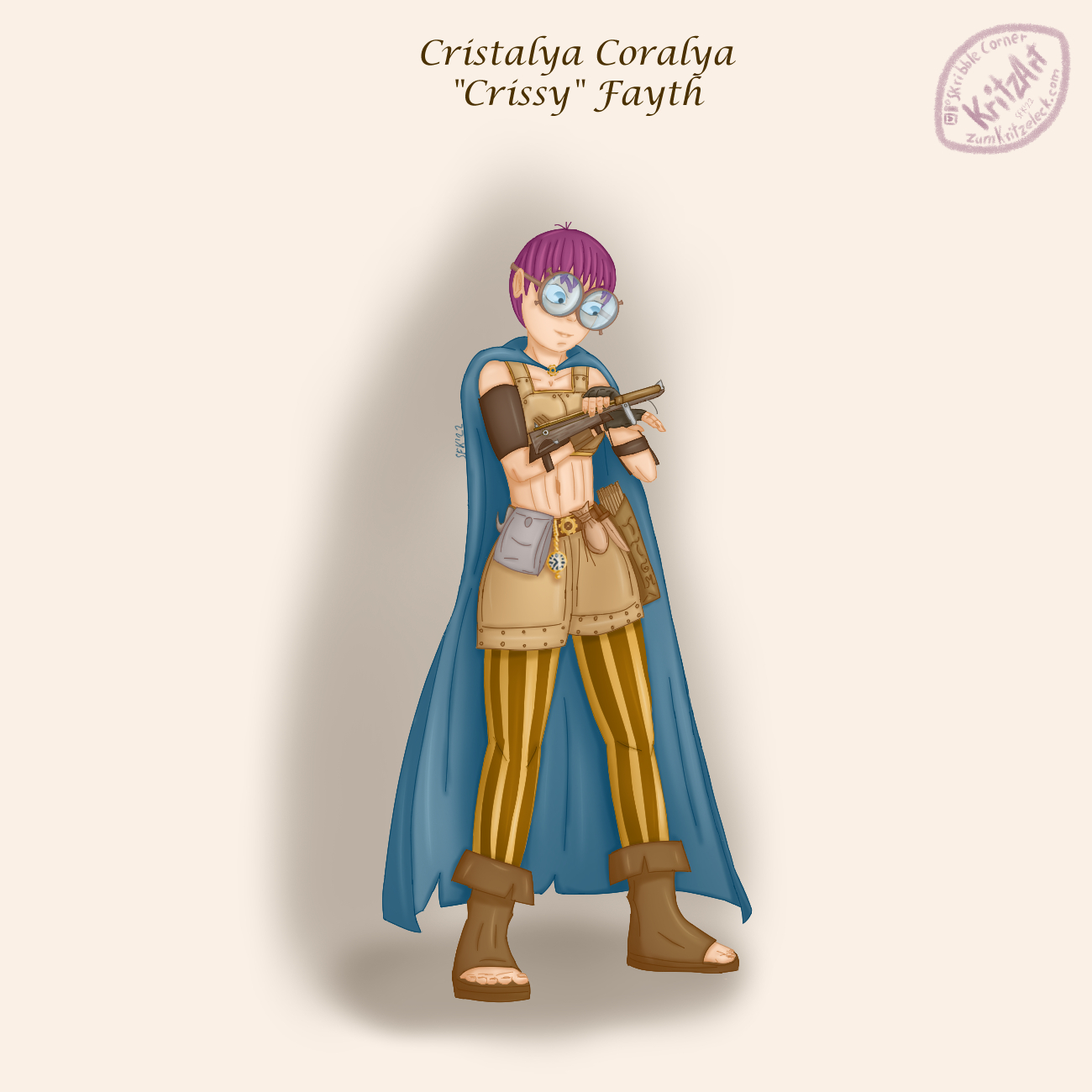 Digital Painting, comic style, simple beige background, light shadows: Crissy in a fantasy version; young woman, short purple hair, big round glasses, bellyfree leather top, leather skirt, a hook, a bag, a pocket watch, a purse and a quiver with arrows on her girdle, orange-brown striped trousers, toefree boots, blue cape, a small crossbow mounted on her right lower arm, she is putting an arrow in it with her left hand; text: "Cristalya Coraly "Crissy" Fayth".