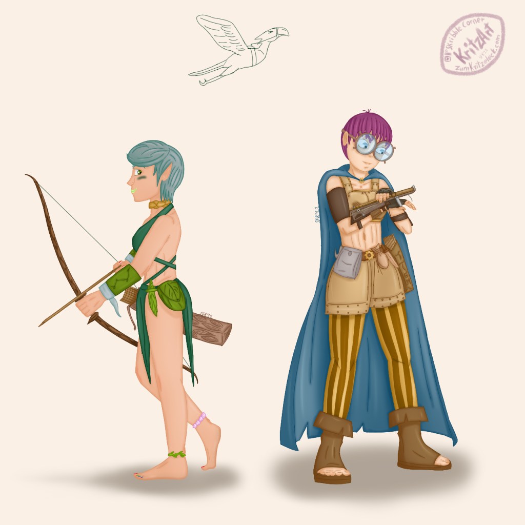 Digital Painting, comic style, simple beige background, light shadows: 1) Crissy and 2) Paula in fantasy versions; 1) young woman, short purple hair, big round glasses, bellyfree leather top, leather skirt, a hook, a bag, a purse and a quiver with arrows on her girdle, orange-brown striped trousers, toefree boots, blue cape, a small crossbow mounted on her right lower arm, she is putting an arrow in it with her left hand; 2) young woman, short turqoise hair; toe nails painted in rainbow colour, finger nails in lesbian Pride flag colour; she's wearing some kind of green leaf-like loincloth that only covers breasts, lap and butt, green braces, a knive in a sheath of leaf optic, a bag also in leaf optic, turqoise wrist bands, a green leaf band at her right ankle, a pink shell band at her left one and a golden neck band; she is holding a wooden bow and arrow; in the background the outline of a flying big bird with a strong beak.