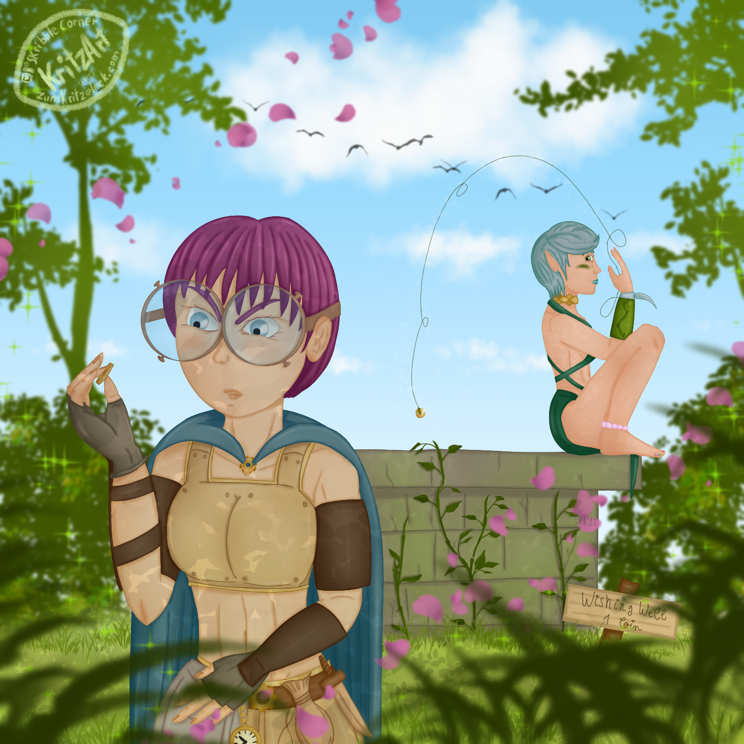 Digital painting, comic style: Crissy (young woman, short purple hair, big round glasses, bellyfree leather armor, braces, cape) and Paula (young woman, short turqoise hair, short turqoise hair, toe nails painted in rainbow colour, finger nails in lesbian Pride flag colour; she's wearing some kind of green leaf-like loincloth that only covers breasts, lap and butt, green braces, turqoise wrist bands, a pink shell band at her left ankle, golden neck band, pointed ears) in a wildly grown garden with an old well in the center and a sign "Wishing Well; 1 Coin)"; Paula is sitting on its edge, tossing a coin on a string over her shoulder, Crissy in the foreground, skeptically looking at a coin; blue day sky with birds and petals in the background.