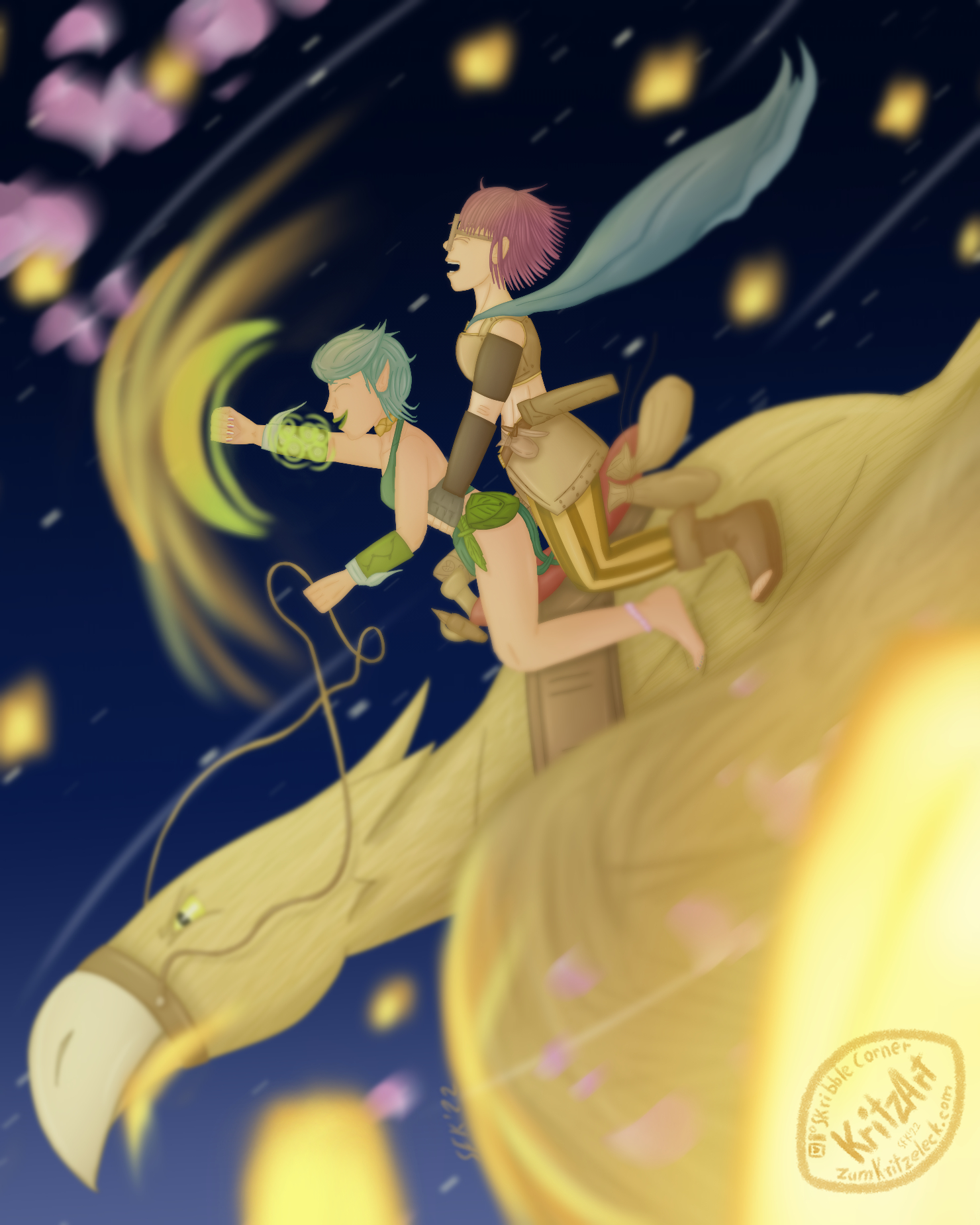 Digital painting, comic style: 1) Crissy and 2) Paula (fantasy versions) in the saddle of sparrow, a big brown-orange bird with a sharp beak; 1) young woman, short purple hair, big round glasses, bellyfree leather top, leather skirt, purse and quiver with arrows on her girdle, orange-brown striped trousers, toefree boots, blue cape, 2) young woman, short turqoise hair; toe nails painted in rainbow colour, finger nails in lesbian Pride flag colour; she's wearing some kind of green leaf-like loincloth that only covers breasts, lap and butt, green braces, a knife in a sheath of leaf optic, a bag also in leaf optic, turqoise wrist bands, a pink shell band at her left ankle and a golden neck band; Sparrow is nosediving fast into a school of sky lanterns, fending them off with her wings and the beak; 2) is holding her reins with the left hand, raising the right arm into the air, her braces a illuminated green, creating a green shield-like light in front of her wrist, bashing a sky lantern into pieces; 1) is sitting behind her, holding fast on her belly, eyes closed, screaming; more sky lanterns and blossoms in foreground and background, washy in their movements, a likewise washy night sky with stars in the background.