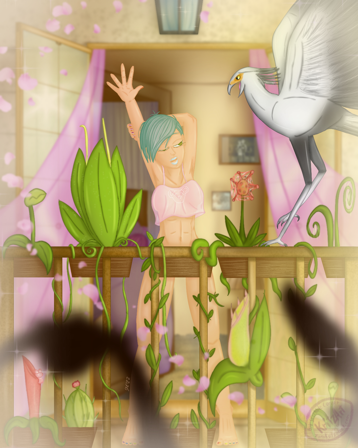Digital paintinc, comic style: The setting is a warm and bright morning, Paula (young woman, short turqoise hair in sidecut, toe polish in rainbow colors, nail polish in Lesbian Pride colors), standing on her balcony, stretching, one eye closed, the other one opening, the hair messy, she wears a short, thin pink top with the lineart of the head of a bear on it, hips and pelvis are covered by the railing and the pots and plants attached to it; there are several carnivorous plants of different types around, their twines winding the railing; at the right edge of the painting a big secretary bird is landing, looking towards Paula; in the background an open balcony door with windows, curtains flapping outwards, behind the door a room with a canopy bed, someone with purple hair lying in it, one leg peeking out from under the blanket, pictures on the wall; in the foreground tow blurred birds and flying blossoms; the look is a little bit washy, blurred at the edges.