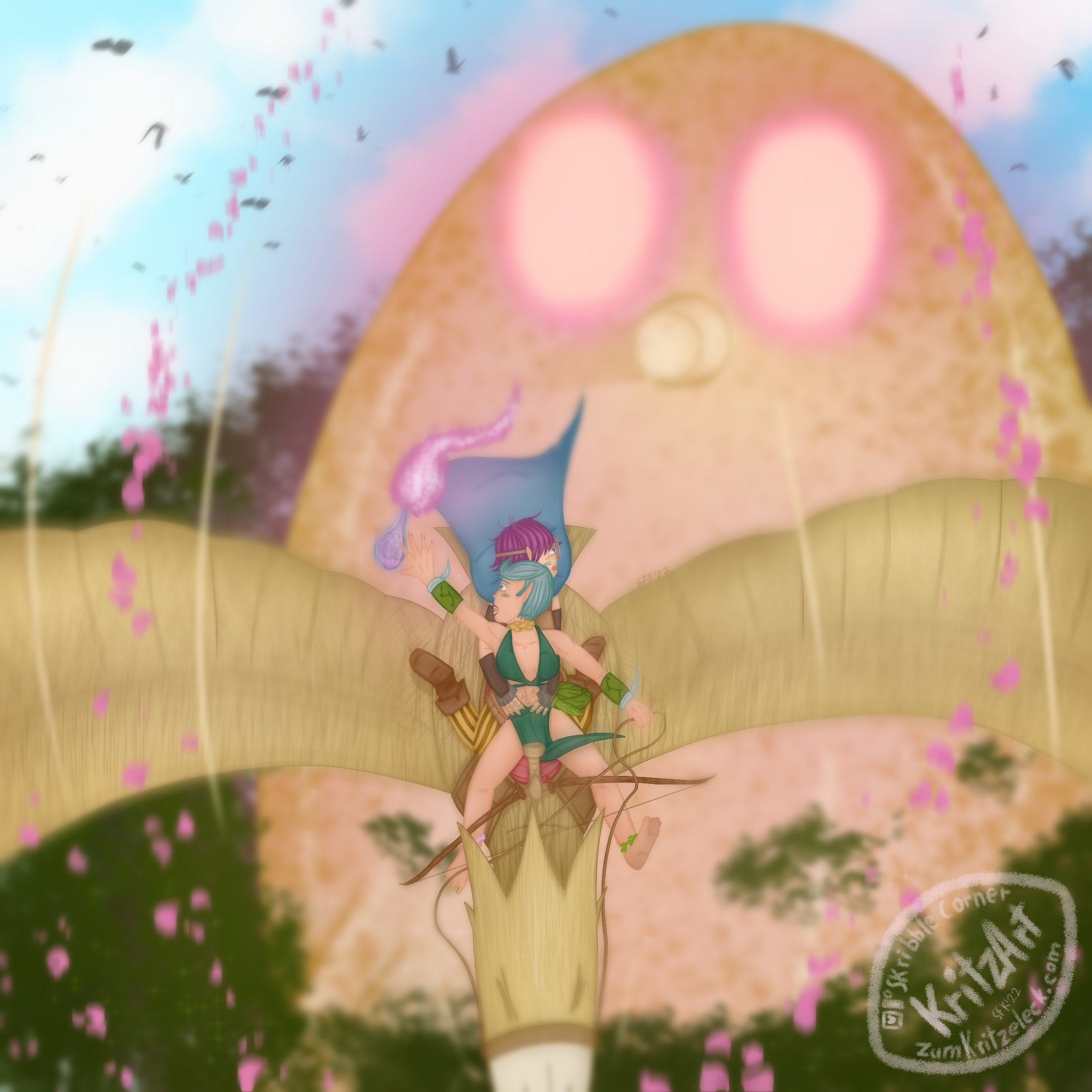 Digital painting, comic style: Paula (front, young woman, young woman, short turqoise hair in sidecut, short turqoise hair, toe nails painted in rainbow colour, finger nails in lesbian Pride flag colour; she's wearing some kind of green leaf-like loincloth that only covers breasts, lap and butt, green braces, turqoise wrist bands, a pink shell band at her left ankle, as green leaf band at her right, golden neck band, pointed ears) sitting in front of Crissy (young woman, short purple hair, big round glasses, bellyfree leather armor, braces, striped trousers, cape) on in the saddle of her giant bird mount Sparrow, front view, seen from slightly above; Paula is trying to catch a flask with a purple, foaming substance, Crissy is looking backwards towards a giant mangogo (mangoes with sticklike legs, arms and noses) raising from the woods and following them, the eyes of the mangogo gleaming purple; pink blossoms in the foregrpund and scaried birds in the background in the air.