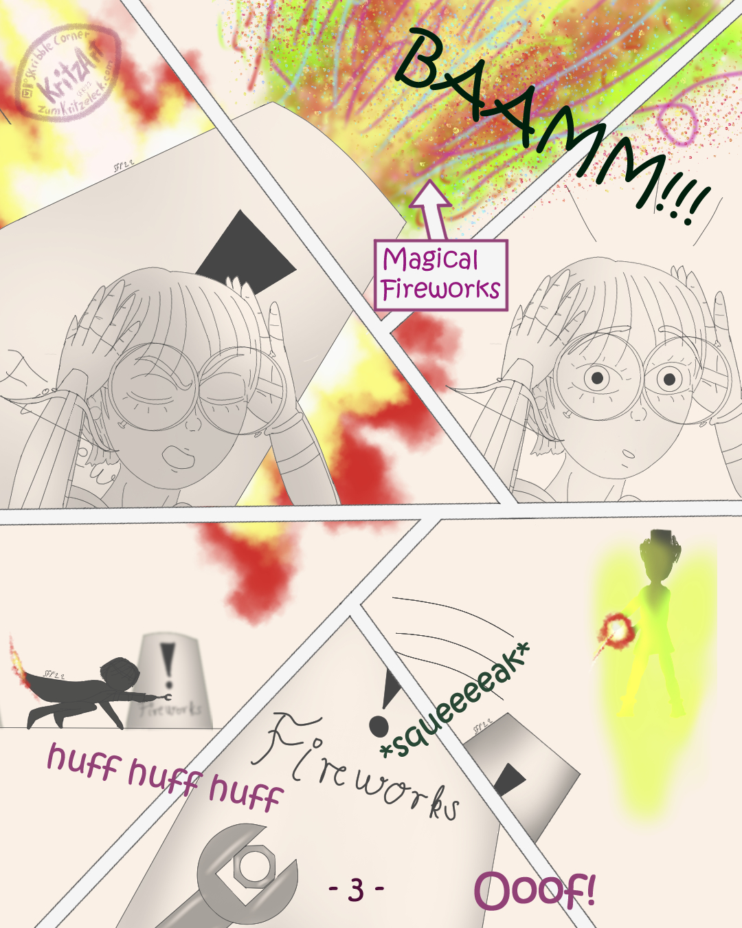 Digital painted comic page, 6 panels divided by angled white bars, mostly black and white (except fireballs/fireworks and the Mayor's Mayical armor): 1) front view, Crissy hiding behind a cannon, eyes closed, 2) Cannon going off ("BAAMM!!!"), spewing fireworks (marked "Magical Fireworks"), 3) Crissy with open eyes, 4) silhouette of Crissy running ("huff huff huff") towards another cannon (marked "! Fireworks"), 5 using a wrench to loosen a screw of the cannon, 6) mouth of the cannon rotating ("*squeeeeeek*, Crissy: "Ooof!") and facing the Mayor who is casting another fireball spell towards Crissy and the cannon.