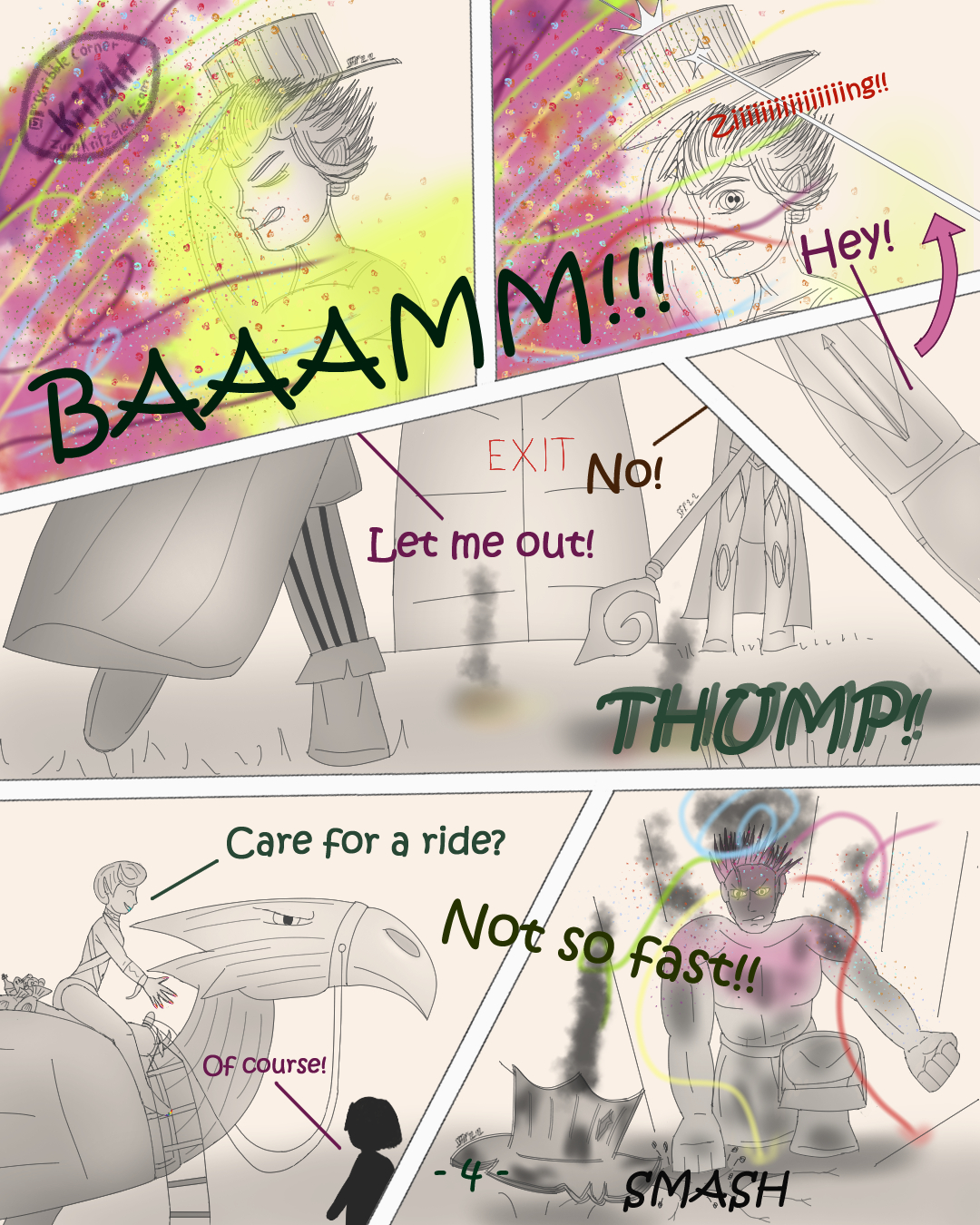 Digital painted comic page, 6 panels divided by angled white bars, mostly black and white (except fireballs/fireworks and the Mayor's Mayical armor): 1) sideview Mayor holding his tophat and facing a wave of fireworks ("BAAAMM!!!") with his mayical Armor, 2) the way of an arrow (Crissy: "Hey!") shooting the tophat from the Mayor's head ("Ziiiiiiing!!"), the Mayor shaking; 3) close-up of Crissy's arm-mounted crossbow with a loaded arrow 4) view from ground level, Crissy ("Let me out!") from behind, running towards a door marked "EXIT", next to the door a female guardian with a curved staff ("No!"), a shaken "THUMP" indicating something landing, 5) Paula (young woman, short hair, barefoot, only wearing some bellyfree bands as top and leaf-like loinclothes, "Care for a ride?") on the back of her big bird "Sparrow", tossing a rope ladder towards the silhouette of Crissy ("Of course!"), 6) the Mayor ("Not so fast!!") landing on the ground, smashing ("SMASH") the right fist in the ground, in the foreground his torn, burnt and smoking tophat, he also is smoking and charred, a few strokes of fireworks still leaping of his hair and ears.