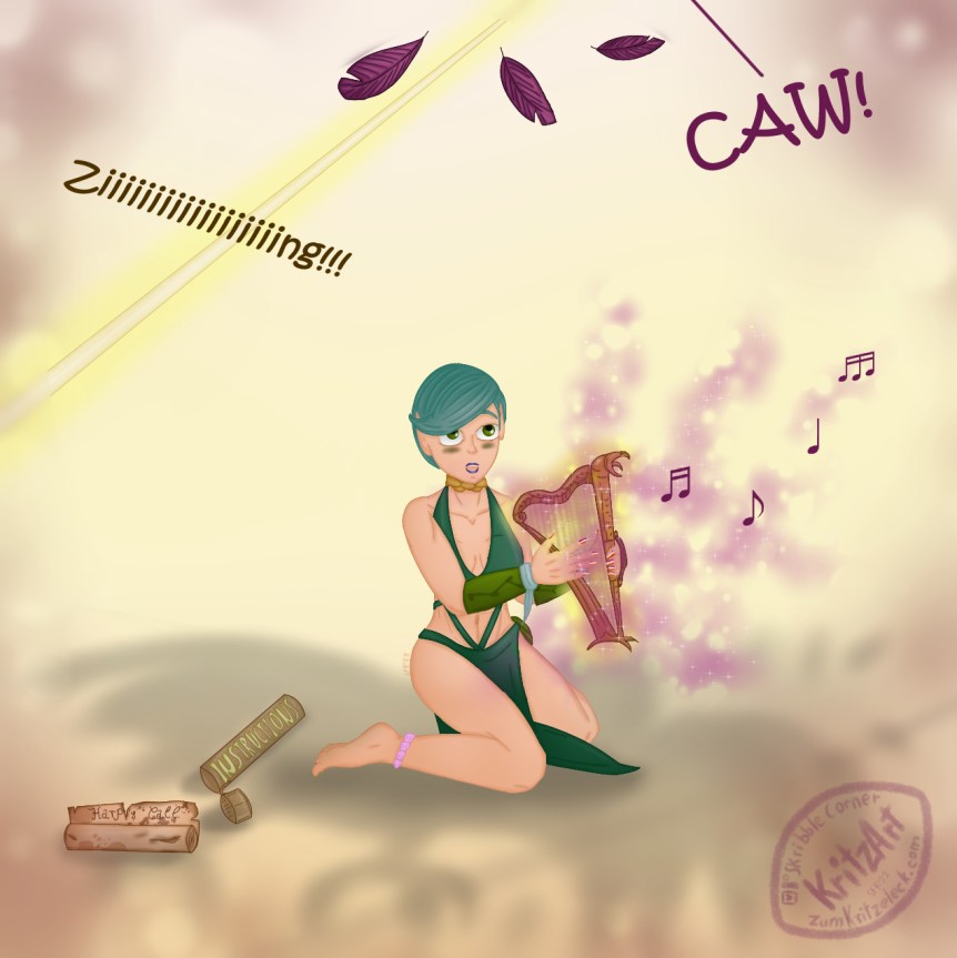 Digital painting, comic style: Paula (young woman, short turqoise hair in sidecut, wearing a green loincloth dress covering breasts and genitals, green braces, turqoise wristbands, a pink shell foot chain and a golden neckband), sitting in the center of the painting, looking surprised and holding a harp with a bird's beak, musical notes and a deep purpley shimmer hovering through the air; next to Paula the hull ("Instructions") of a scroll, on the scroll you can read "Harp[]'s Call", but the scrolll is ripped and torched, there is a space and you only can guess an illegible "y" in the writing; there is a big shadow of a winged and talon-armed birdlike creature above Paula; further above, there is an action line and the sound word "Ziiiiiiiing!!!" leading towards three feathers falling down, accompanied bei a big "Caw!"; a pale orange and yellow background, red and deep shimmer around the edges of the painting.