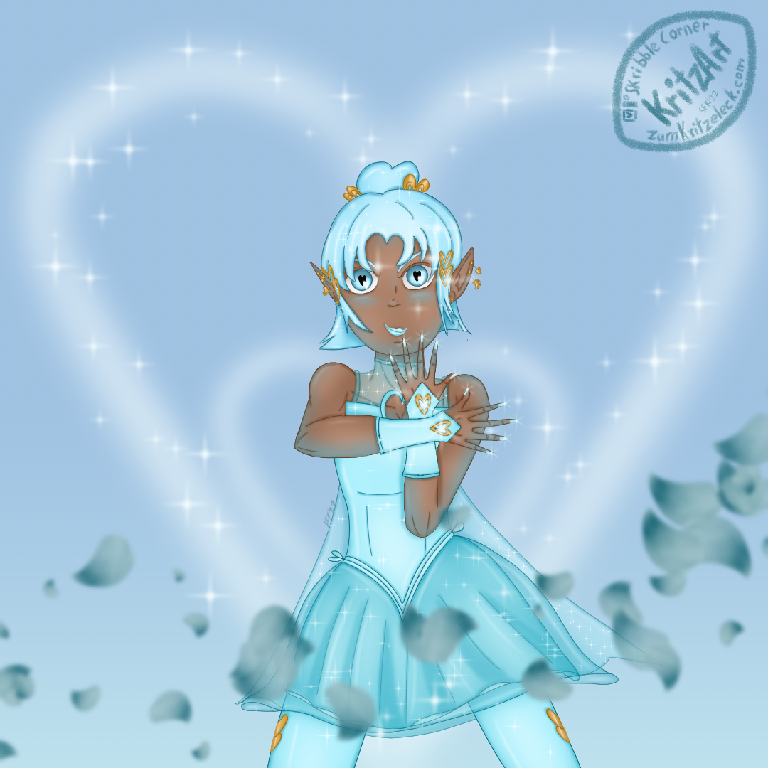 Digital painting, comic style: A young girl in front view, brown skin, blue hair, blus nail polish, blue lipstick, blue eyes with heartshaped pupils, the wrists are crossed above the position of her heart, she's wearing gloves with sparkling heartspaded diamonds, there is a heartshaped boob windows in her top, she is wearing blue skirts, blue leggings and a semi-transparant blue cape, golden pendands hanging from ear piercings, two golden hearts on ech leg of the leggings; blue background, a big white empty heart with a smaller white empty heart in it behind her, sparkles building a track from her fingertips along the outer heart; blue and white petals in the foreground.
