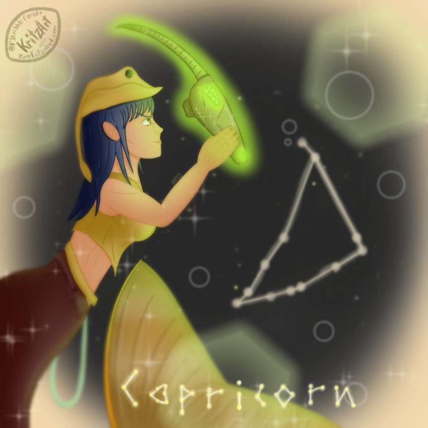 Digital painting, comic style: Merindiana Jane, a mermaid resembling Indiana Jones, light brown skin, a green gleaming tattoo of the Capricorn symbol as well as the sign's constellation on her right cheek, black long hair, brown fish tail with a golden tail fin, bellyfree tanktop, a belt across her hips with a light blue whip at her left hip; a ray as hat on her head; side view, holding an emerald green gleaming capricorn skull mask in the air; stars on the night sky in the background as well as the astronomic sign and the letters "Capricorn".