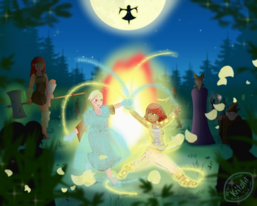 Digital painting, comic style: A scene on a forest clearing; in the center a big bonfire, dancing in front of it Raven (young woman, rosy skin, short white hair as sidecut, wearing a simple brown dress) and Samandra (young woman, brown skin, red, shoulder long hair, wearing a grey apron and brown leather trousers), they are holding hands, blue light runes (Raven) and yellow polar lights (Samandra) following the curves the bare feet are drawing on the ground; light runes resp. polar lights also are covering both, taking the forms of dresses, shoes and gloves; they also cover the connected hands and are flying through the air like fountains; in the background four other witches, a red haired riding a big floating battle axe, a tall purple dressed rolling eyes, a small chunky one looking towards the tall one, one white haired dancing with someone who is hidden by the fire; in the air in front ot the moon the pure black silhouette of another person spreading their arms; there are more silhouettes of people dancing or talking to each other in the further background and the tops of conifers; in the foreground shadows of three other people (two of them standing very close to each other) and blurred vegetation; blurred yellow blossoms flying through the foreground.